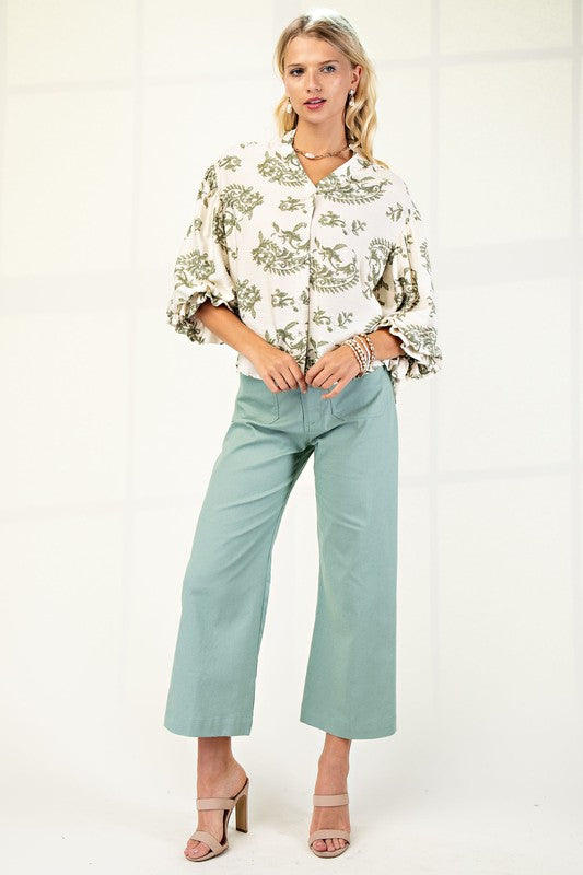 Florence Balloon Sleeve Button Down Printed Top Sage