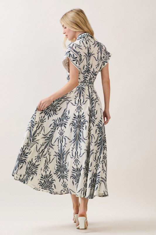 Waitlist 6/25 • Jodi Short Sleeve Waist Tie Damask Print Maxi Dress Blue
