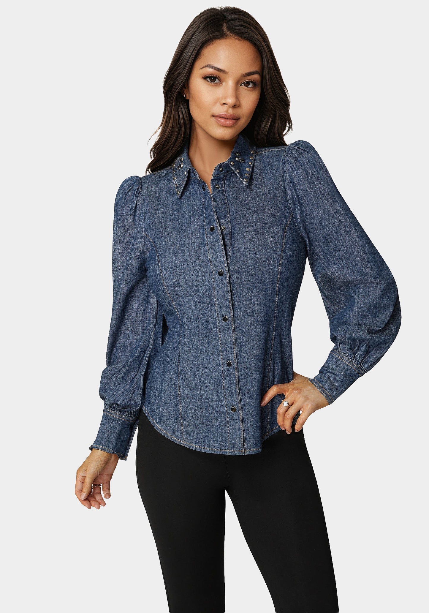 Button Front Studded Collar Denim Shirt