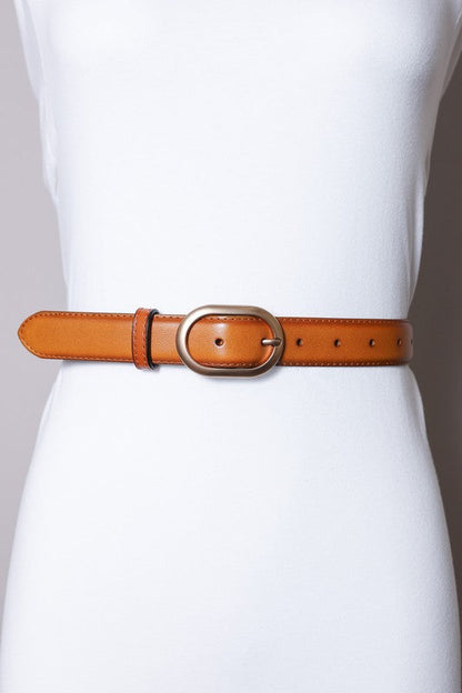 Jessie Contrast Stitched Oval Buckle Vegan Leather Belt Camel