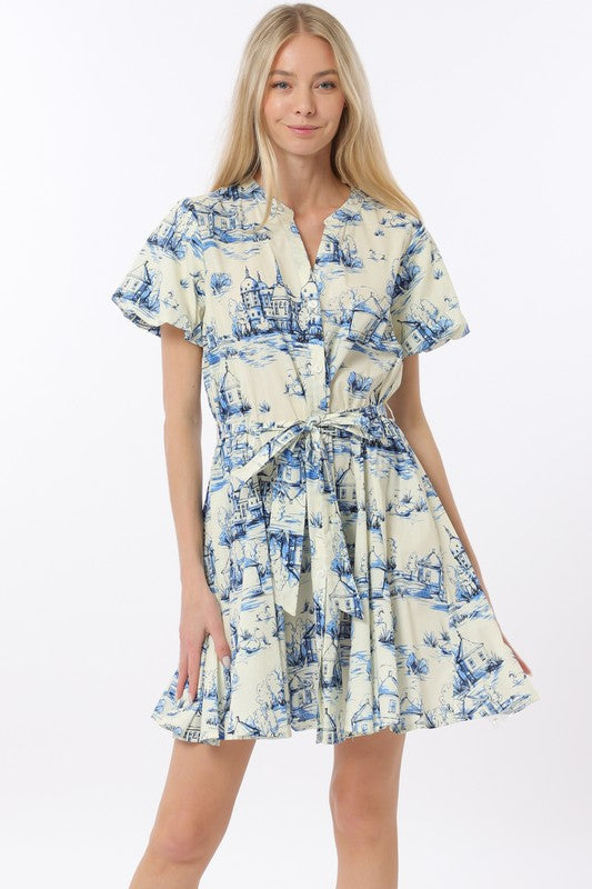 Joy Short Sleeve Belted Button Down Scenic Print Mini Dress Blue