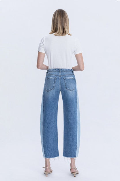 Rachel High Rise Cropped Barrel Two Tone Jeans Medium Wash