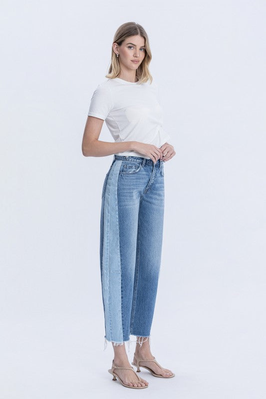 Rachel High Rise Cropped Barrel Two Tone Jeans Medium Wash