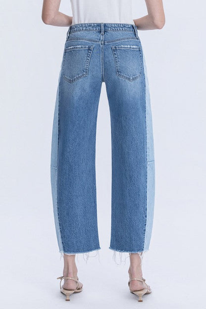 Rachel High Rise Cropped Barrel Two Tone Jeans Medium Wash