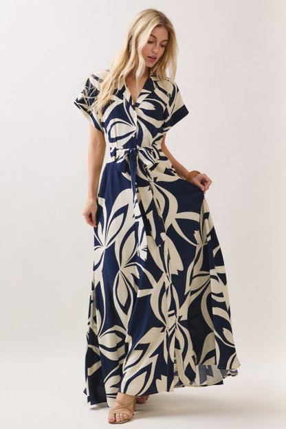 Waitlist 7/3 • Gabby Short Sleeve Waist Tie Floral Print Maxi Dress Navy