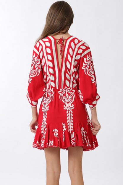 Justine 3/4 Dolman Sleeve Waist Tie Abstract Print Mini Dress Red