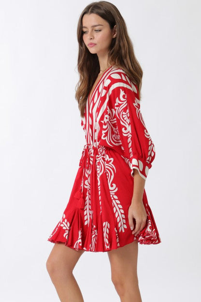 Justine 3/4 Dolman Sleeve Waist Tie Abstract Print Mini Dress Red