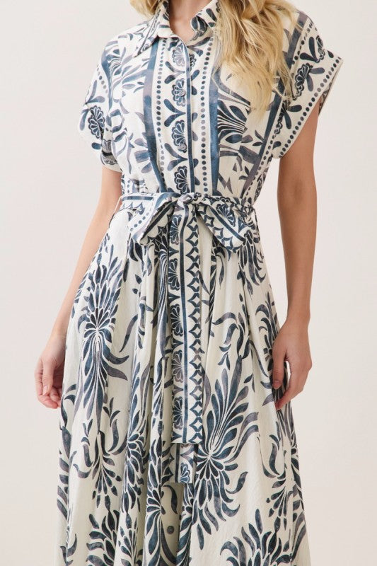 Waitlist 6/25 • Jodi Short Sleeve Waist Tie Damask Print Maxi Dress Blue