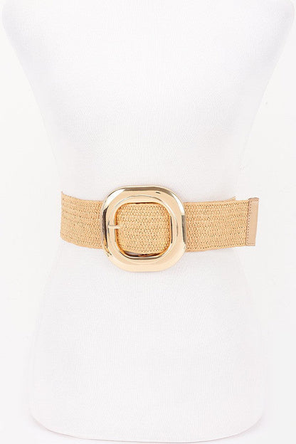 Georgiana Gold Circular Buckle Straw Waist Belt Cream