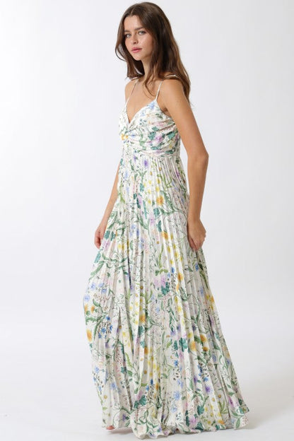 Cambrie Sleeveless Pleated Floral Print Maxi Dress Green