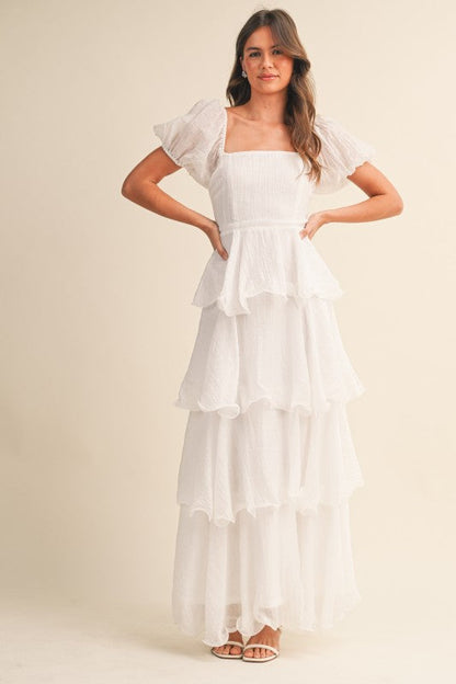 Eden Short Puff Sleeve Tiered Maxi Dress White