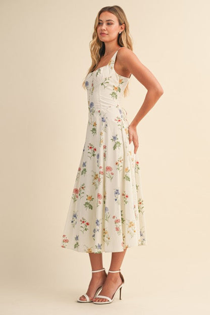 Kariann Sleeveless A-Line Floral Print Midi Dress Cream
