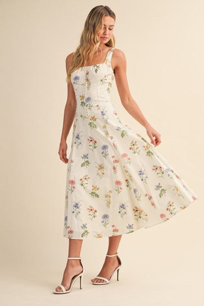 Kariann Sleeveless A-Line Floral Print Midi Dress Cream