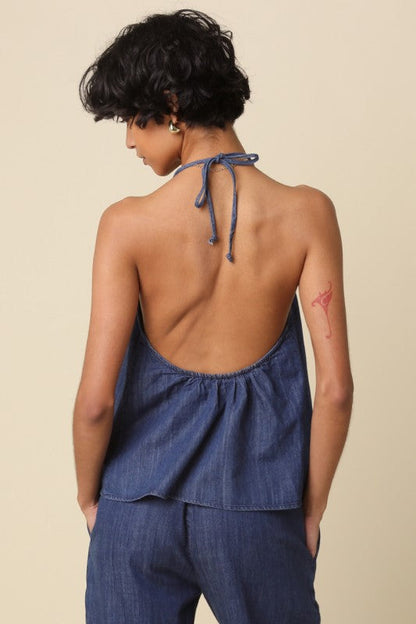 Brinley Sleeveless Halter Back Tie Denim Top Blue