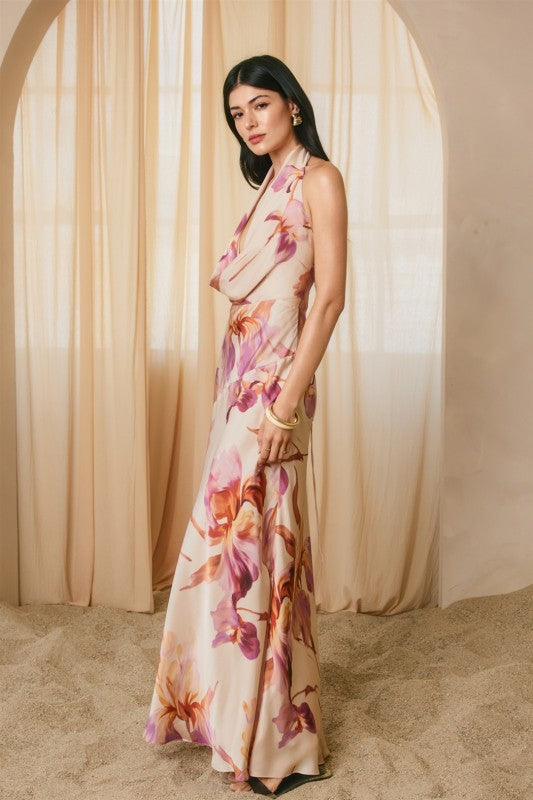 Waitlist 7/26 • Rowan Sleeveless Halter Floral Print Maxi Dress Pink