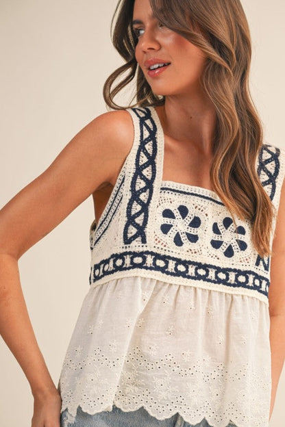 Kenza Sleeveless Crochet Cami Top Cream