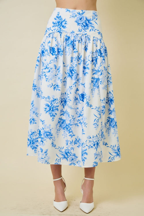 Thalia High Waist Floral Print Maxi Skirt Blue