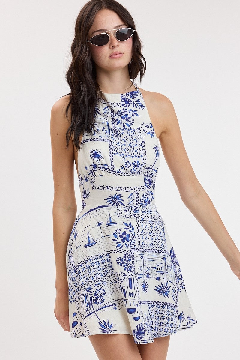 Nylah Sleeveless Halter Vintage Palm Print Mini Dress Blue