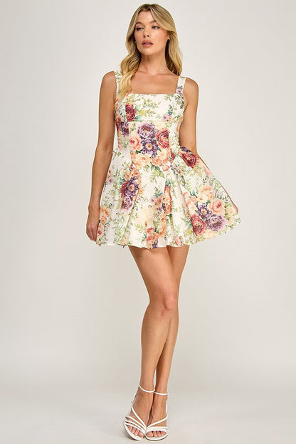 Talen Sleeveless Open Back Vintage Floral Print Mini Dress Ivory