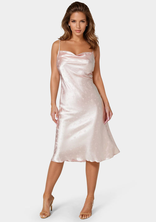 Cowl Neck Midi Satin Jacquard Dress