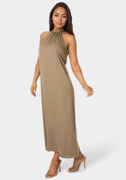 Crushed Satin Mock Neck Maxi Dress