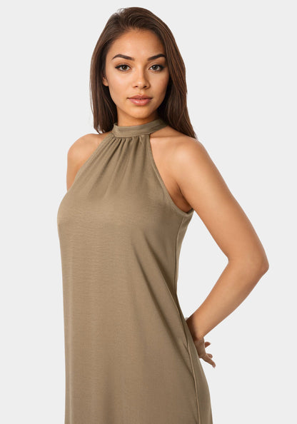 Crushed Satin Mock Neck Maxi Dress
