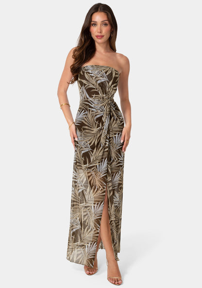 Printed Mesh Twist Waist Strapless Maxi Dress