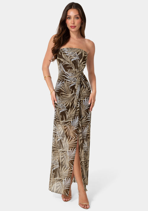 Printed Mesh Twist Waist Strapless Maxi Dress