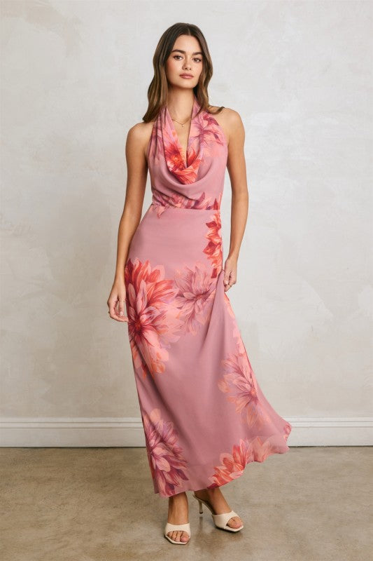 Caitlin Sleeveless Halter Open Back Floral Print Maxi Dress Pink