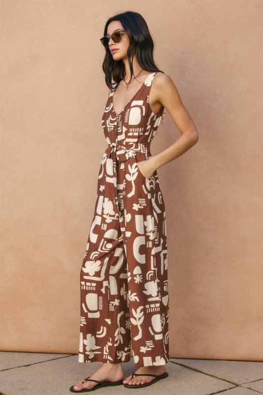 Clover Sleeveless Waist Tie Button Front Abstract Print Wide Leg Jumpsuit Brown
