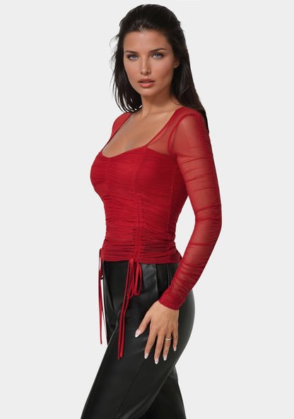 Stretch Mesh Shirring Long Sleeve Top
