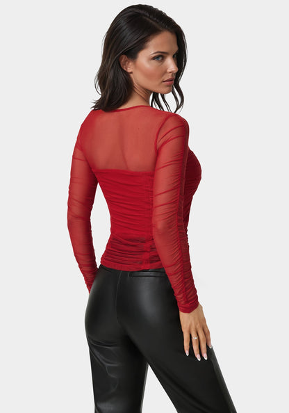 Stretch Mesh Shirring Long Sleeve Top