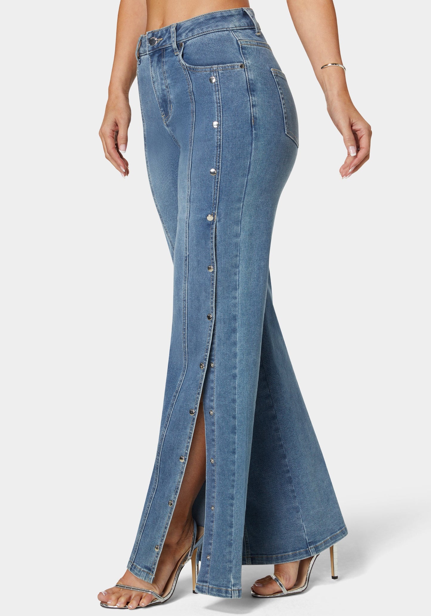 High Waist Snap Detail Wide Leg Jeans