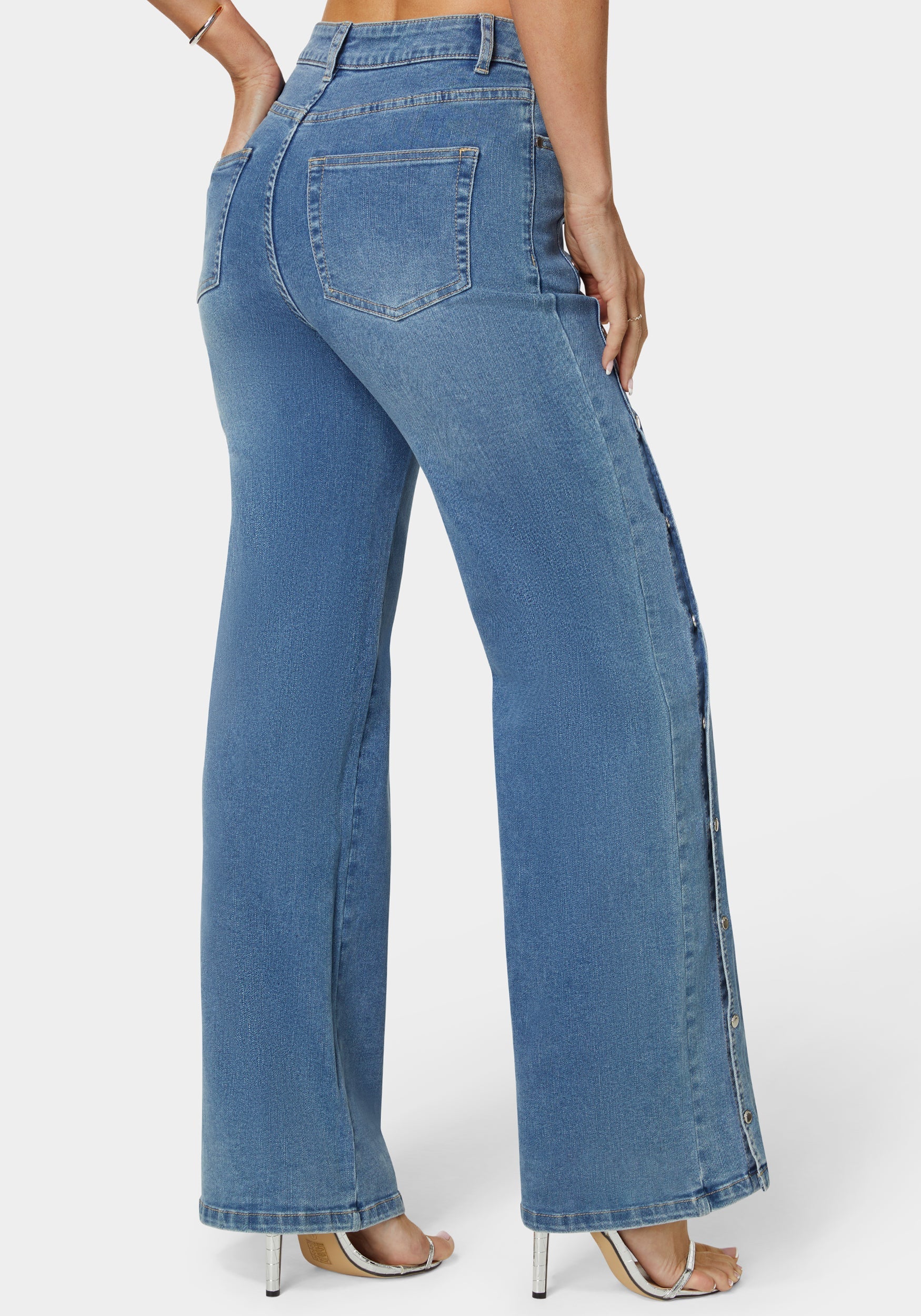 High Waist Snap Detail Wide Leg Jeans