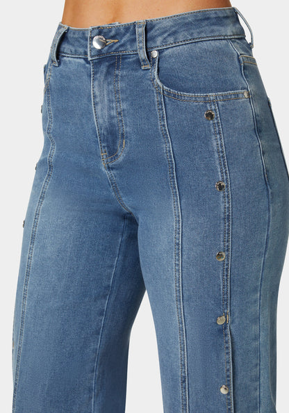 High Waist Snap Detail Wide Leg Jeans