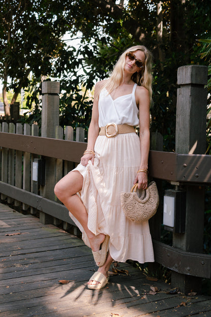 Georgiana Gold Circular Buckle Straw Waist Belt Beige