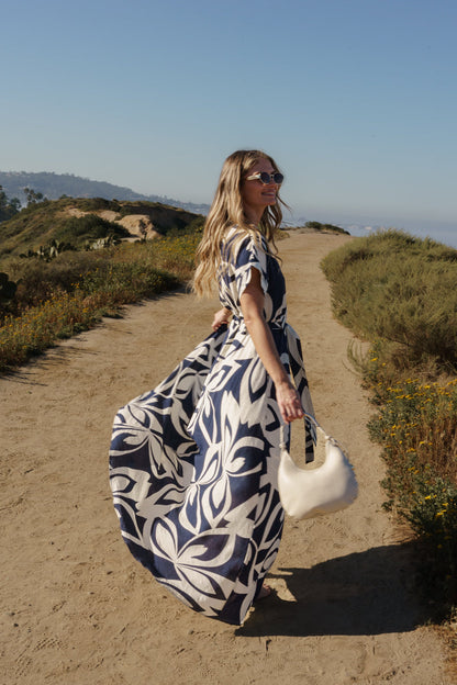 Waitlist 7/3 • Gabby Short Sleeve Waist Tie Floral Print Maxi Dress Navy