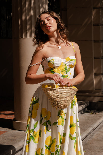 Yuri Sleeveless Lemon Print Midi Dress Yellow