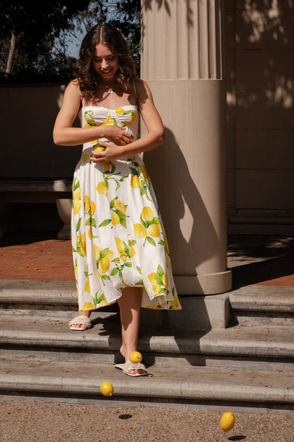 Yuri Sleeveless Lemon Print Midi Dress Yellow
