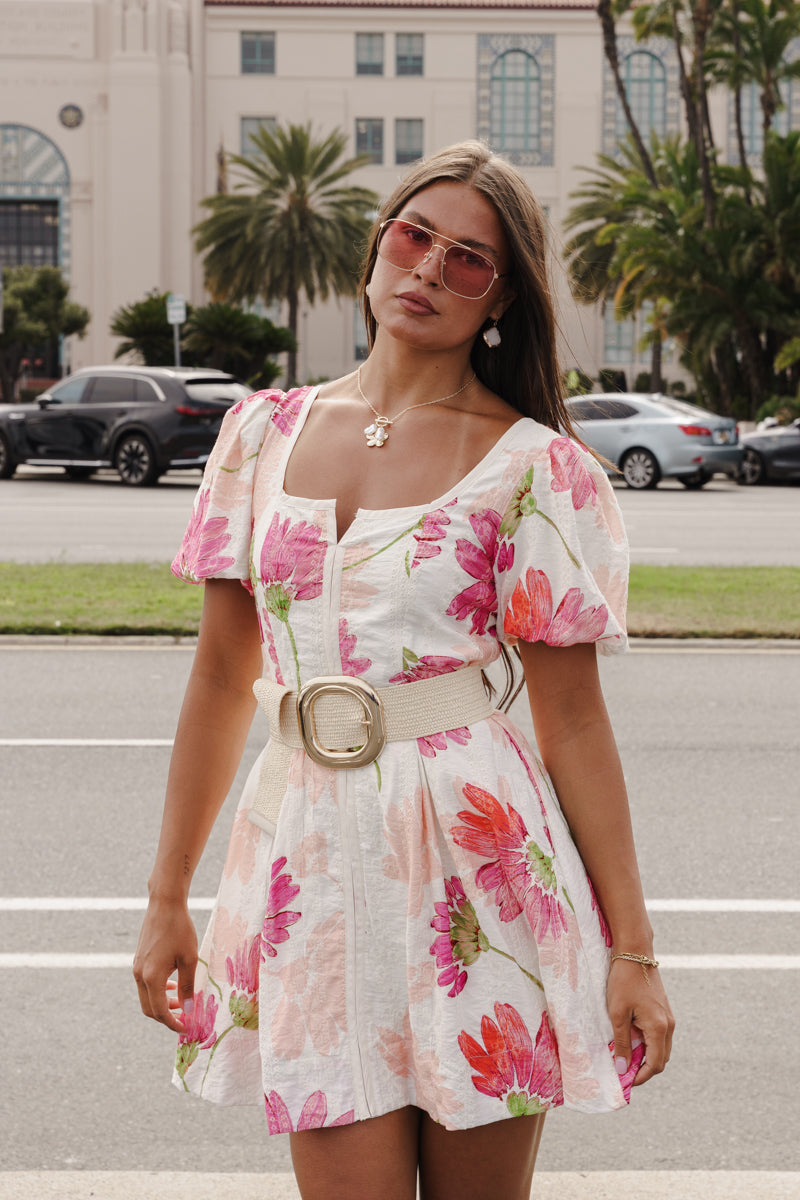 Georgiana Gold Circular Buckle Straw Waist Belt Cream