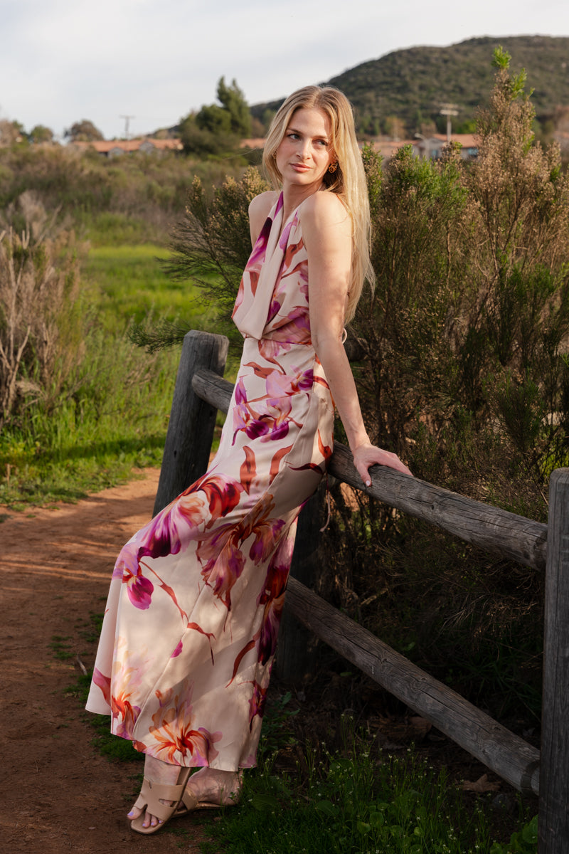 Waitlist 7/26 • Rowan Sleeveless Halter Floral Print Maxi Dress Pink