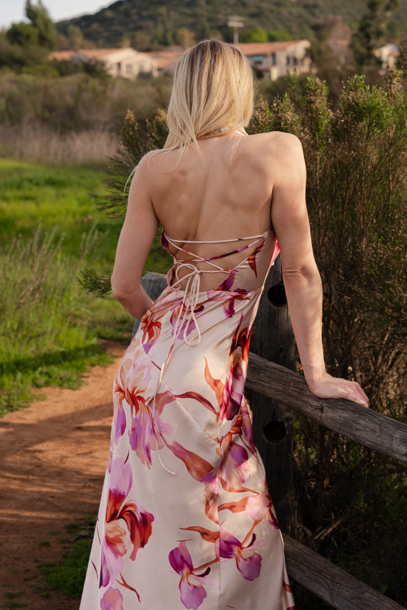 Waitlist 7/26 • Rowan Sleeveless Halter Floral Print Maxi Dress Pink
