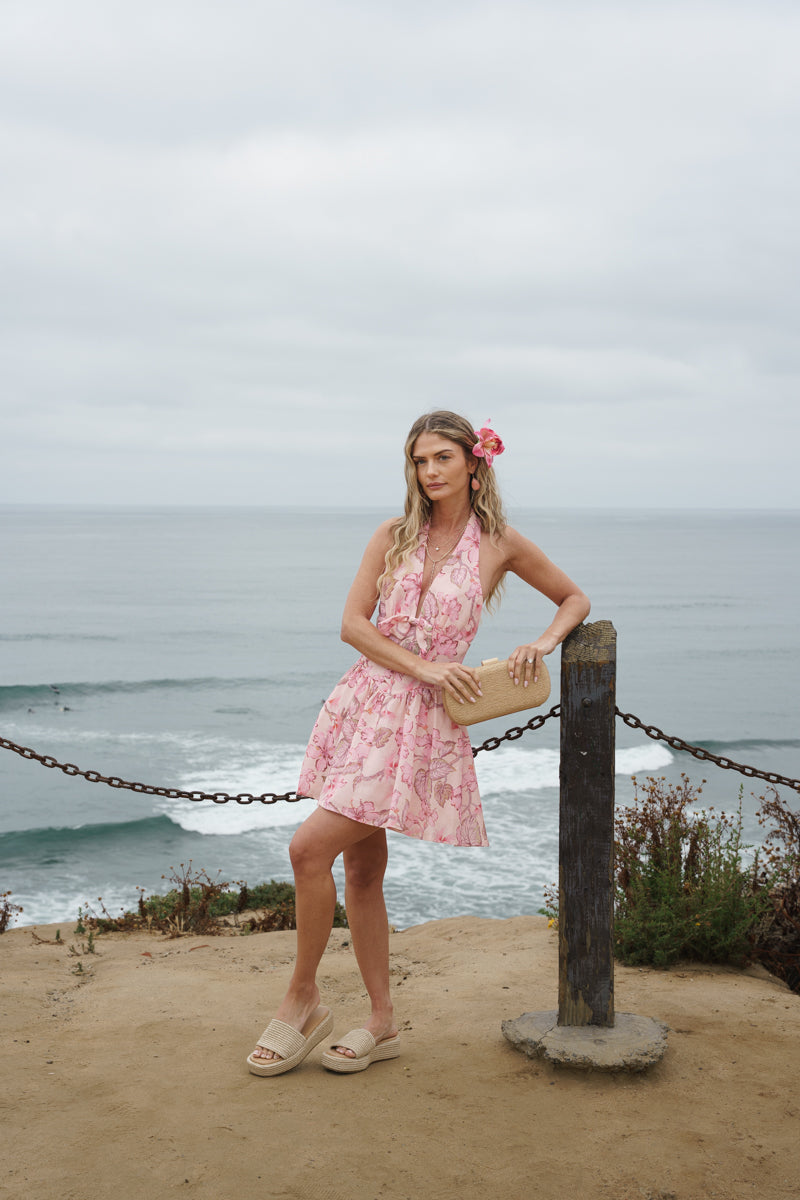 Tindra Sleeveless Halter Floral Print Mini Dress Pink