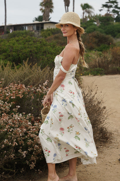 Kariann Sleeveless A-Line Floral Print Midi Dress Cream