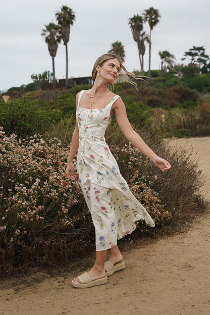 Kariann Sleeveless A-Line Floral Print Midi Dress Cream