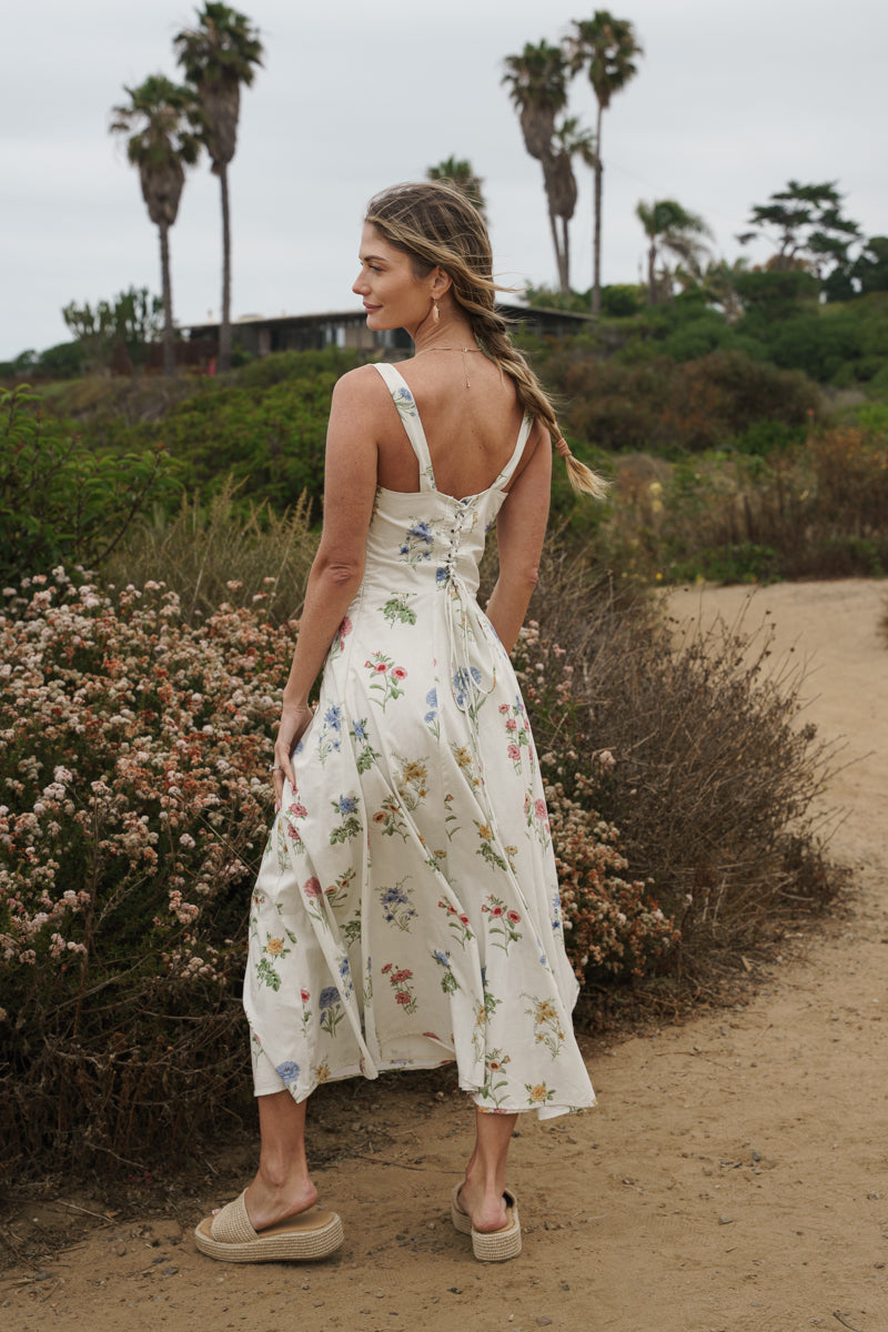 Kariann Sleeveless A-Line Floral Print Midi Dress Cream