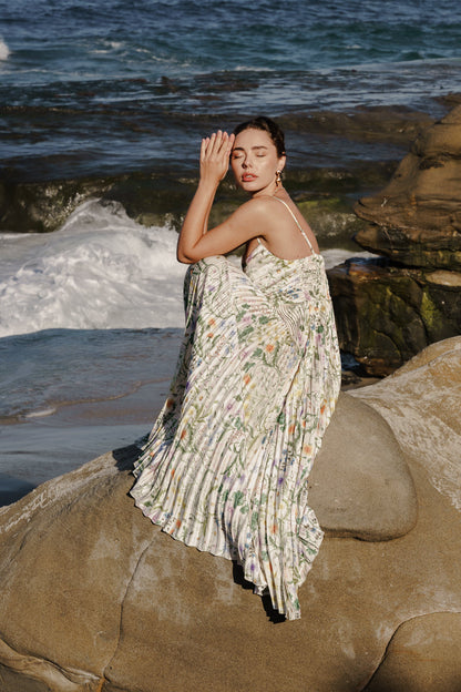 Cambrie Sleeveless Pleated Floral Print Maxi Dress Green