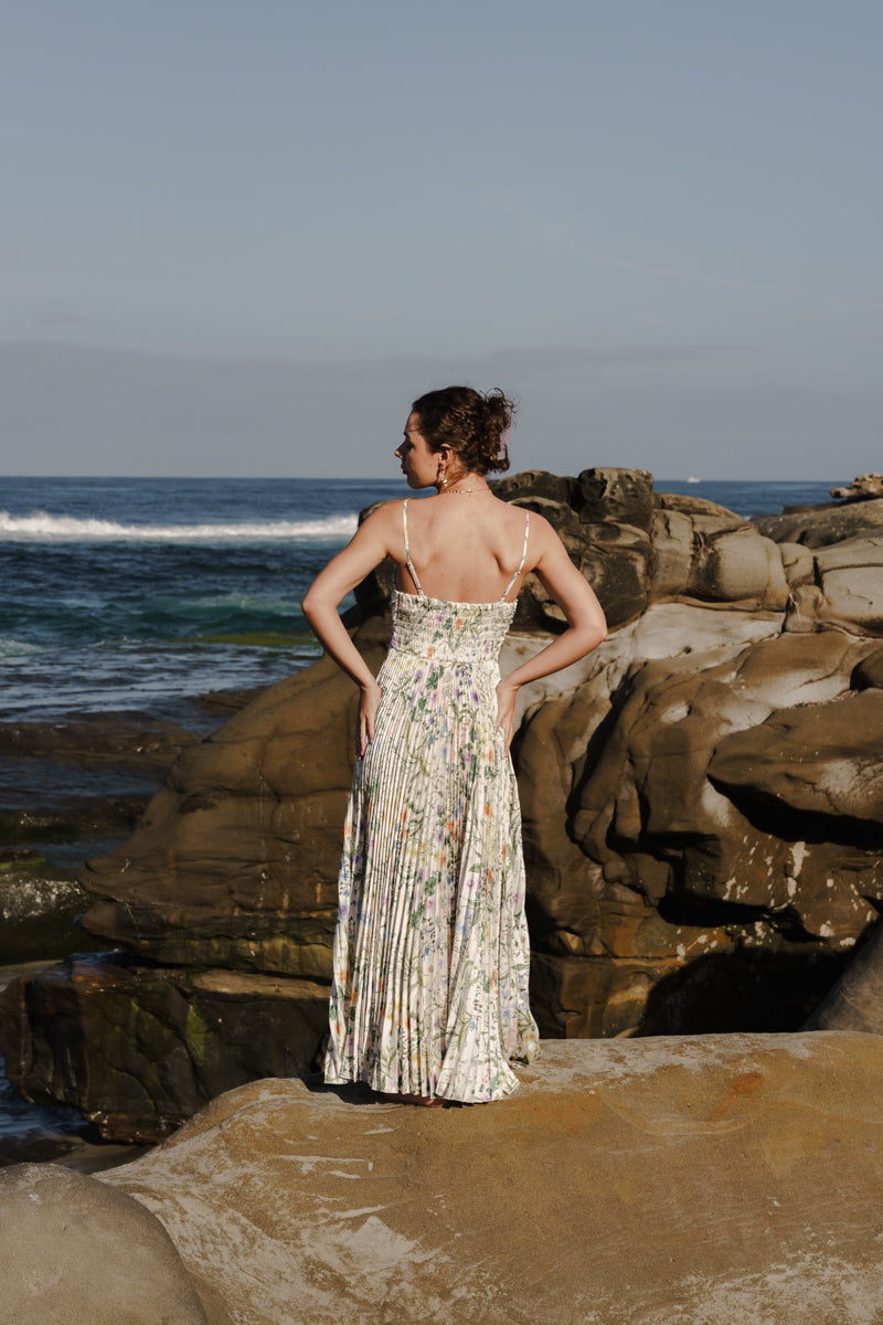 Cambrie Sleeveless Pleated Floral Print Maxi Dress Green