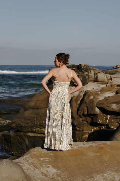Cambrie Sleeveless Pleated Floral Print Maxi Dress Green