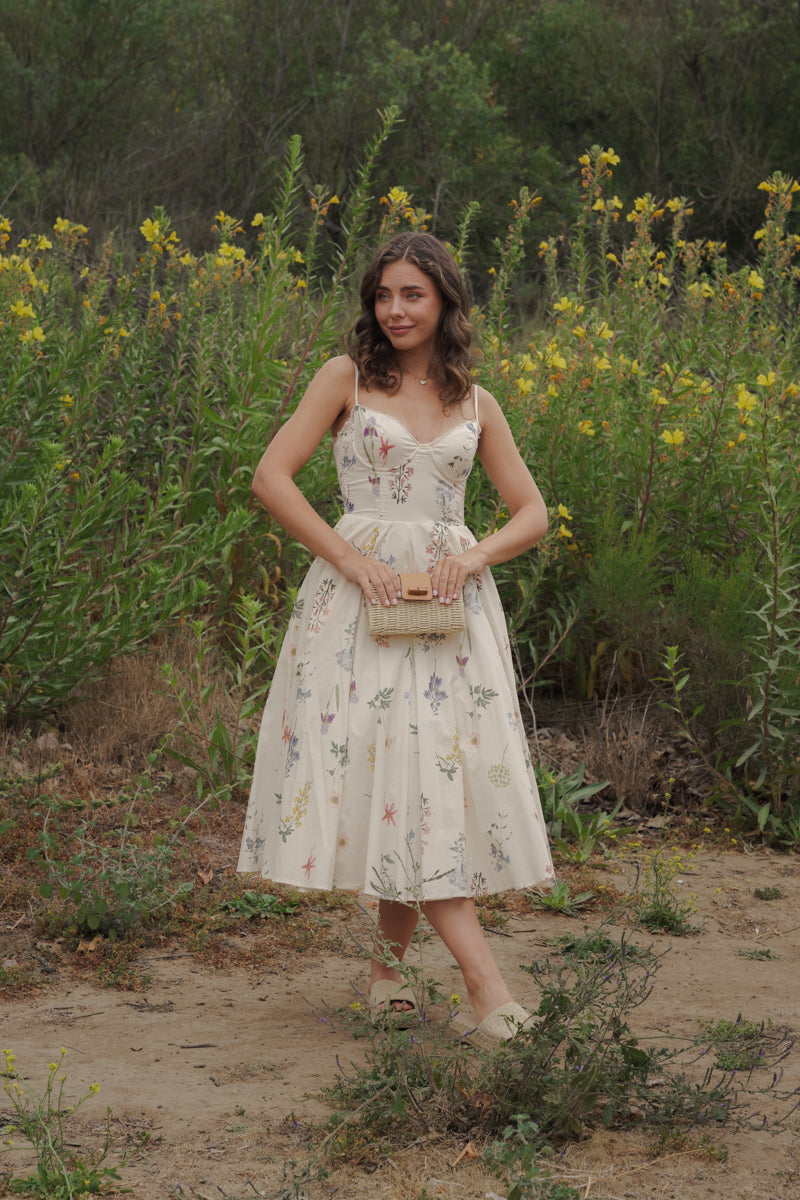 Kelly Sleeveless Floral Print Midi Dress Cream
